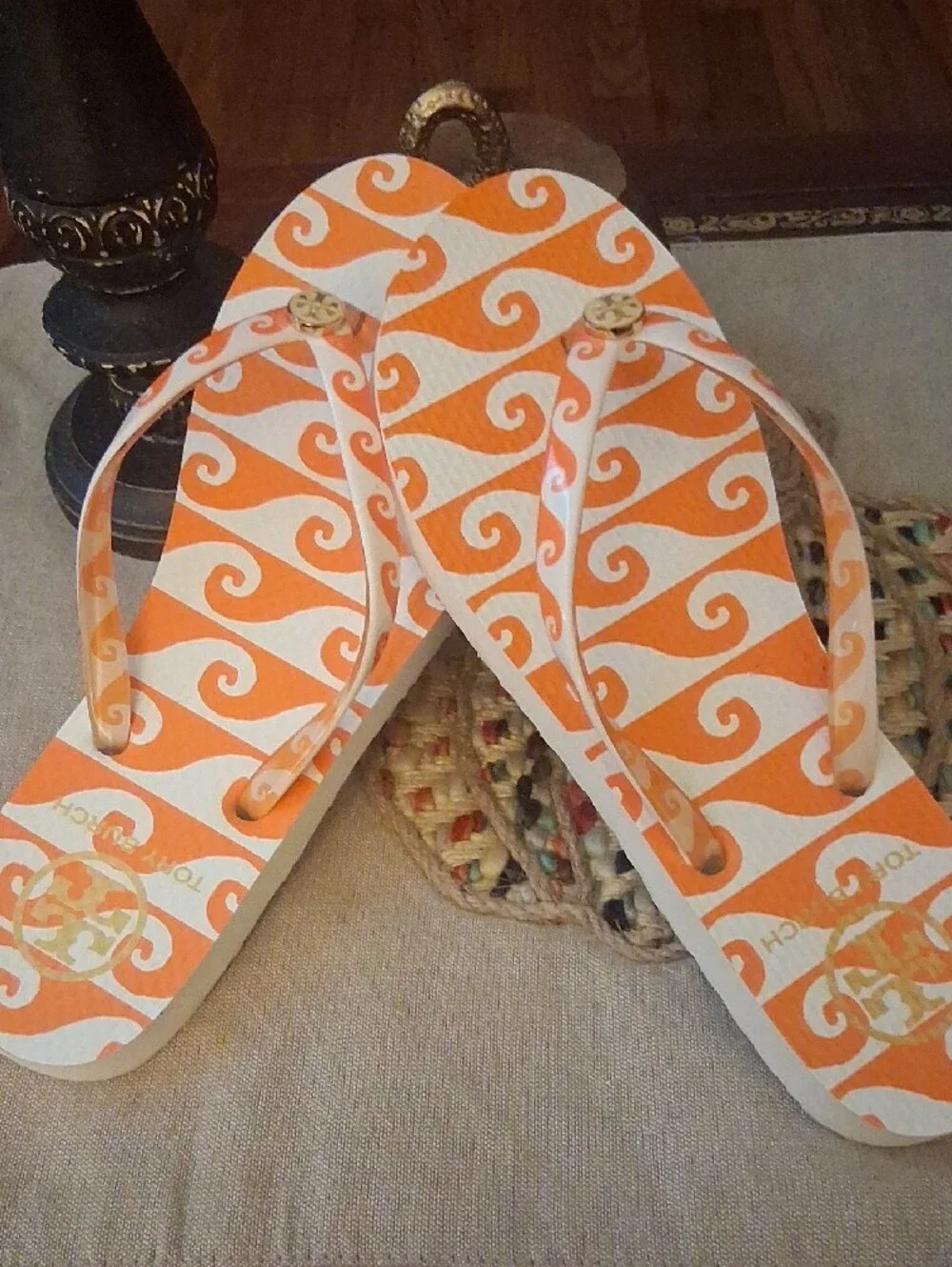 Tory Burch Orange & White Wave Flip Flop Sandals with Gold Logo